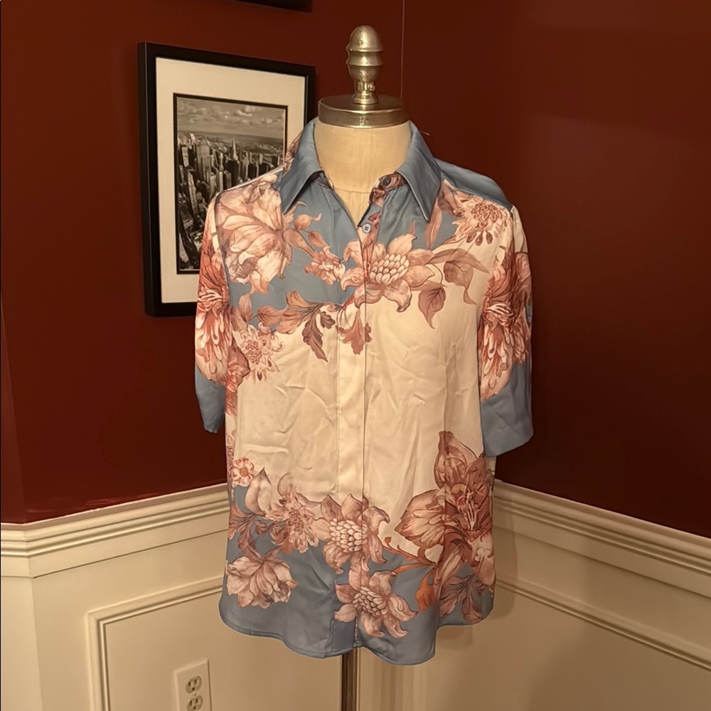NWT Rachel Zoe Floral Blue and Cream Blouse